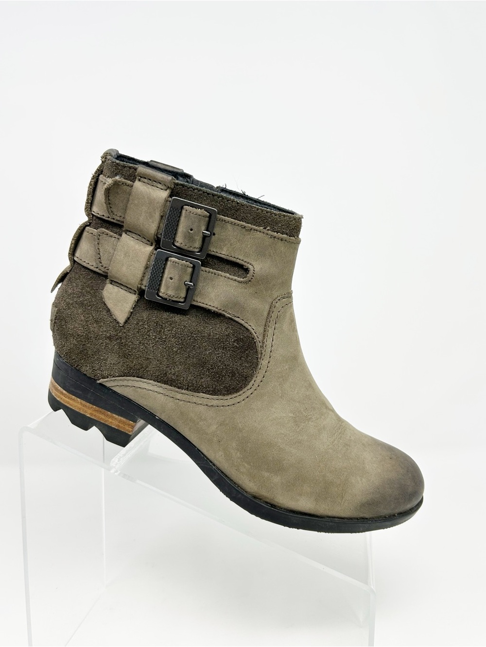 Sorel Lolla Ankle Bootie Brown Waterproof Side Zip Buckle Lug Sole Size 7.5